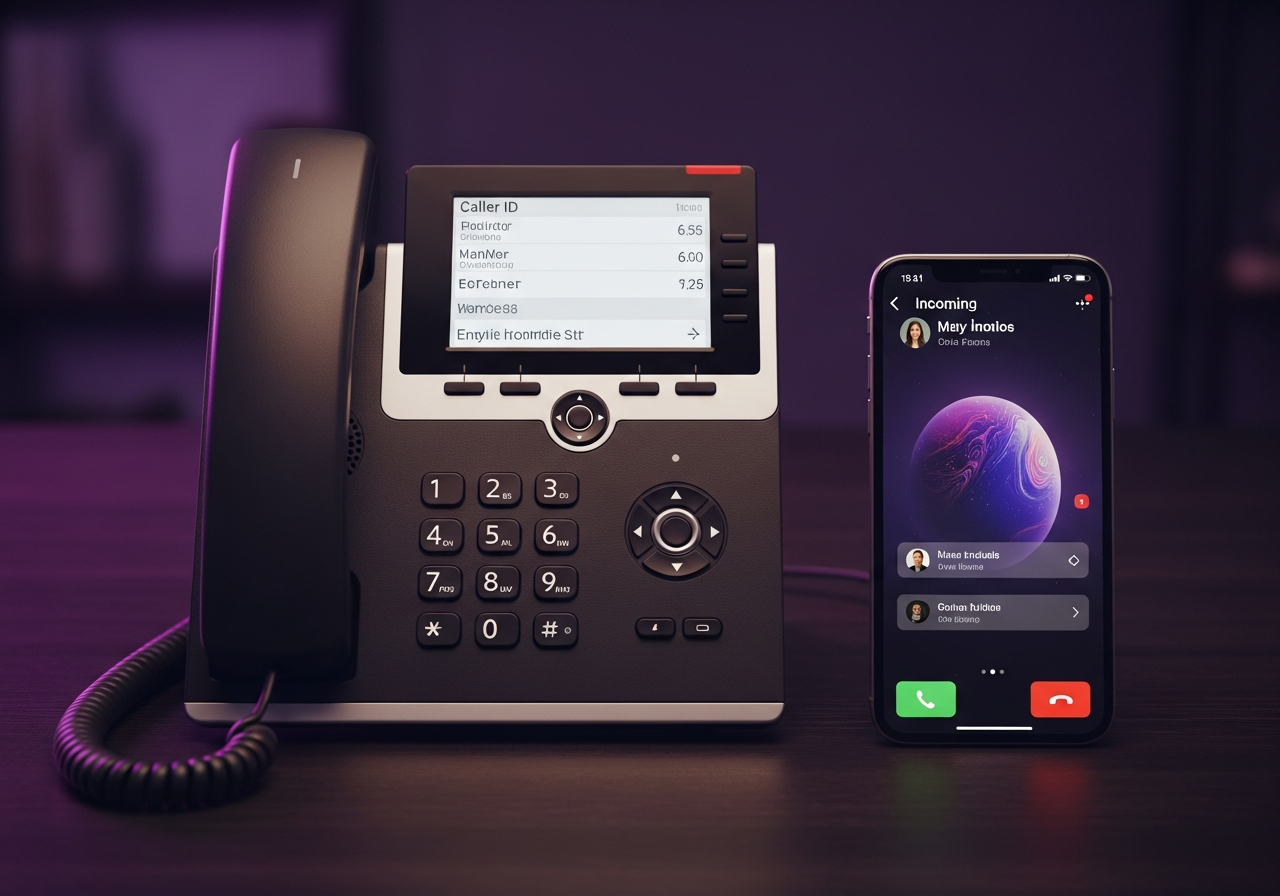 Professional desk phone and smartphone displaying incoming call interfaces