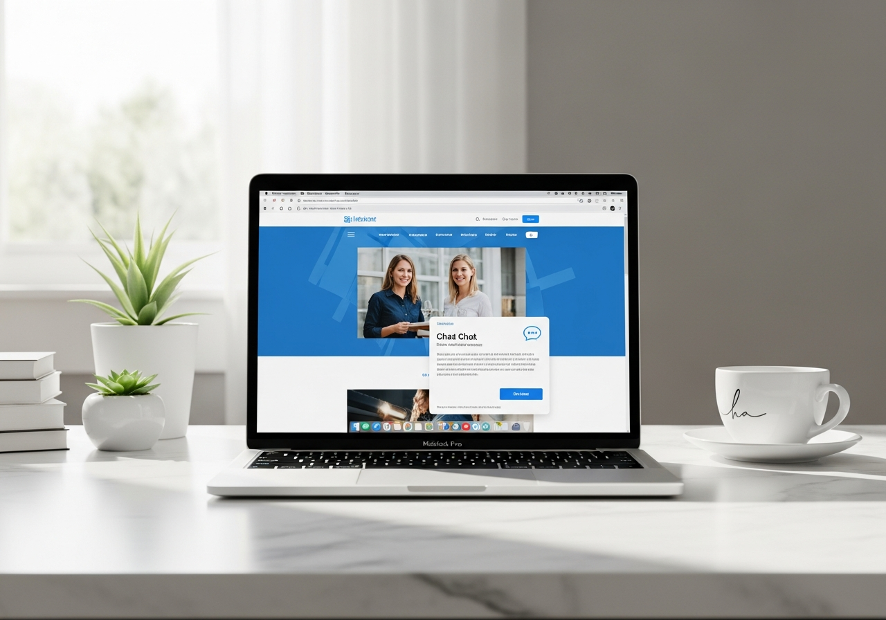 Laptop showing a modern website with an embedded voice chat widget