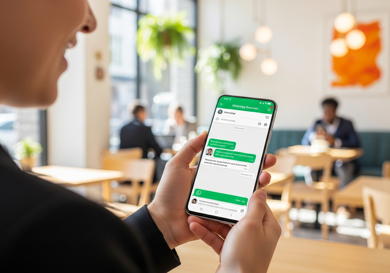 Person holding smartphone with WhatsApp Business messaging interface