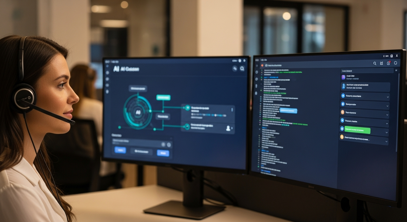 Customer service agent with headset reviewing AI-generated call summary on dual monitors