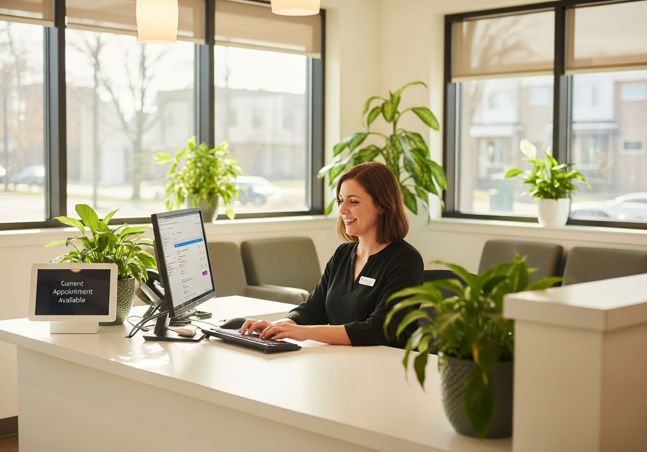 Modern medical clinic reception with scheduling interface on computer