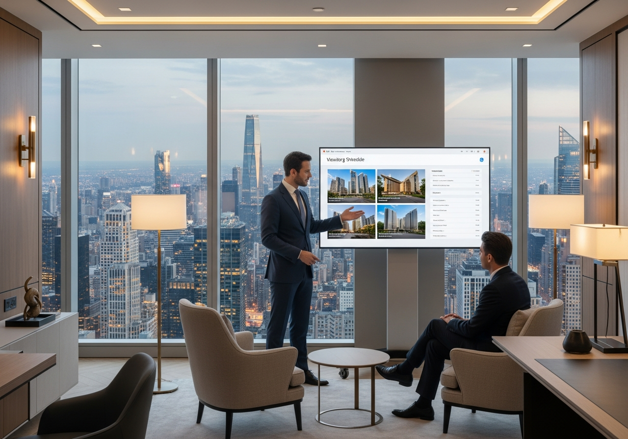 Real estate agent showing property listings on a large display to client